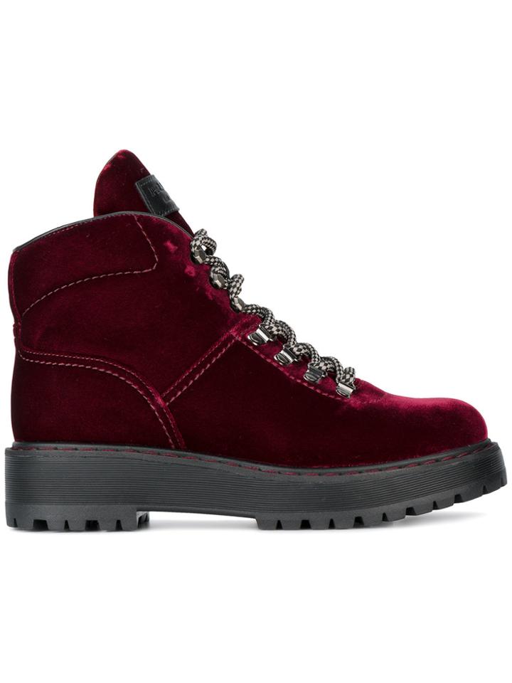 Prada Bordeaux Velvet Hiking Boots - Red