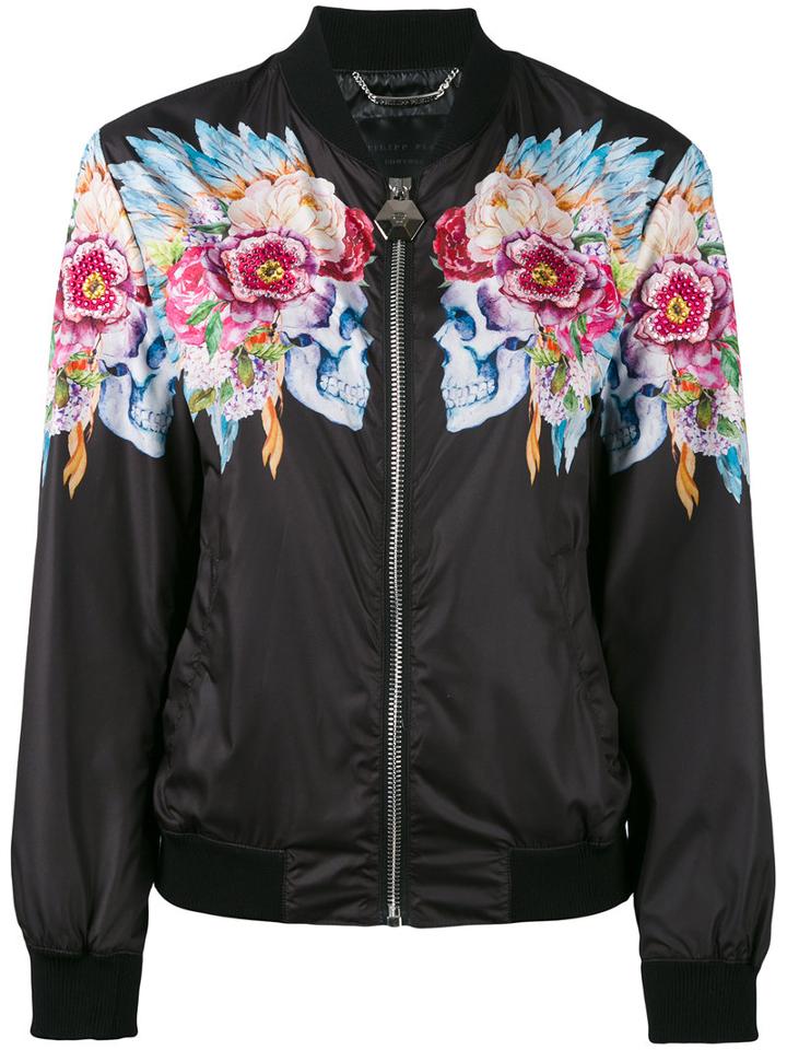 Philipp Plein - Flowers Bomber Jacket - Women - Cotton/polyamide/spandex/elastane - S, Women's, Black, Cotton/polyamide/spandex/elastane