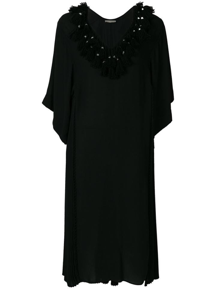 Veronique Branquinho Pleated Shift Dress With Crochet Tassel Neckline