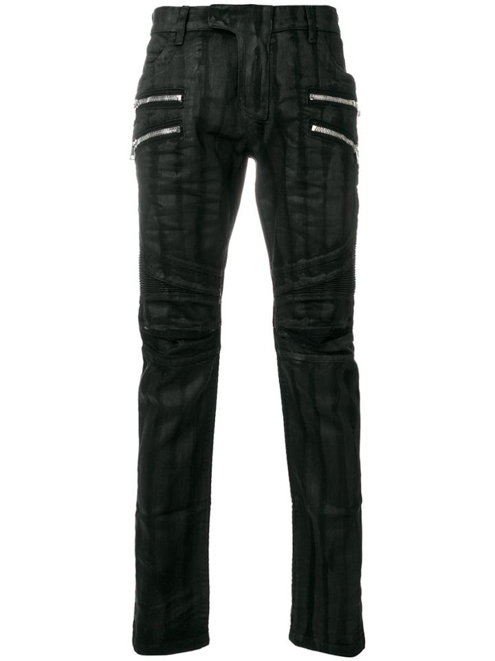 Balmain Zip Detail Coated Biker Jeans - Black