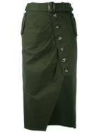 Self-portrait - Asymmetric Buttoned Skirt - Women - Cotton/spandex/elastane - 8, Green, Cotton/spandex/elastane