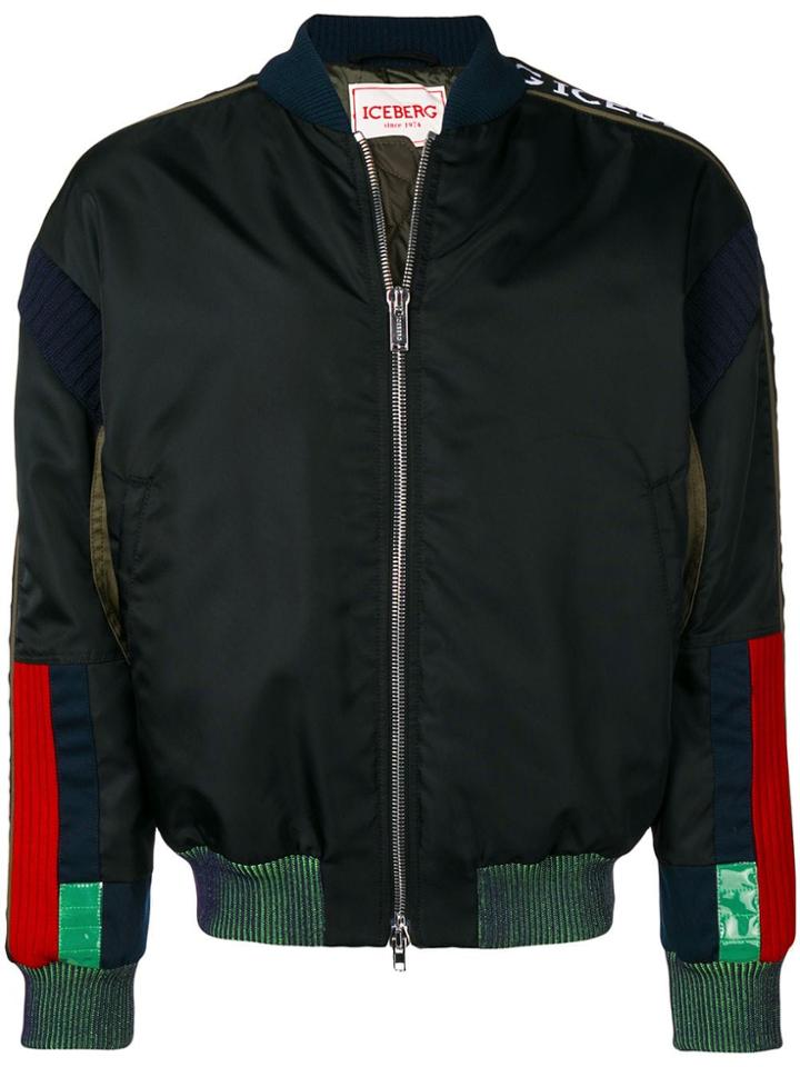 Iceberg Branded Patchwork Bomber Jacket - Black