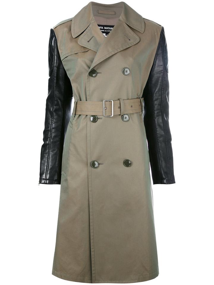 Junya Watanabe Comme Des Garçons - Contrast Sleeve Trench Coat - Women - Cotton/polyester/polyurethane Resin - M, Green, Cotton/polyester/polyurethane Resin