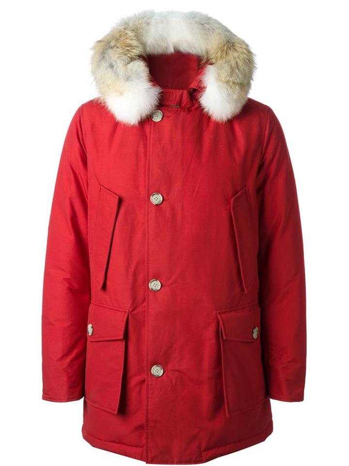 Woolrich Short Hooded Padded Coat, Men's, Size: Large, Red, Cotton/feather Down/nylon/coyote Fur