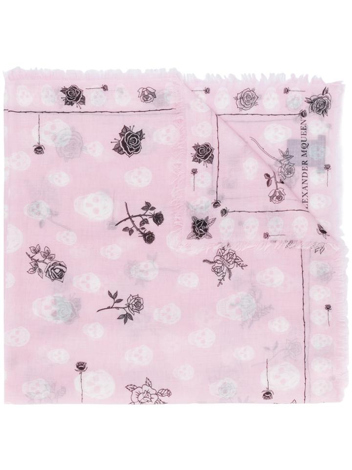 Alexander Mcqueen Skull And Rose Print Scarf - Pink & Purple