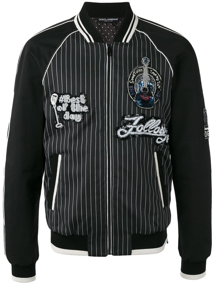 Dolce & Gabbana Musical Patch Striped Bomber, Men's, Size: 50, Black, Cotton/silk/spandex/elastane/polyester