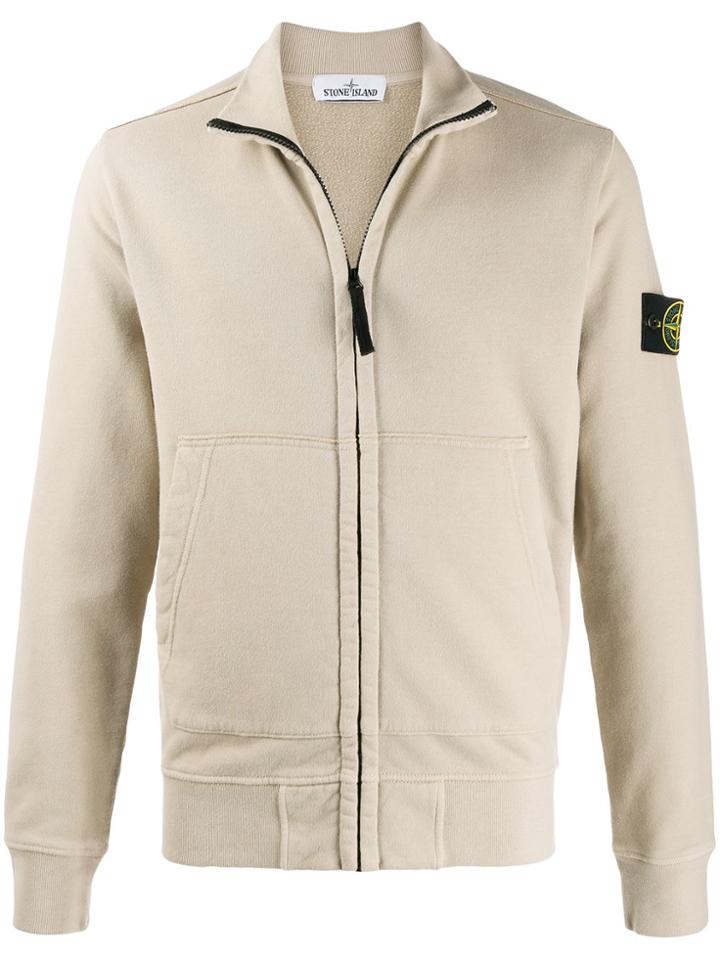 Stone Island Logo Embroidered Zipped Jacket - Neutrals