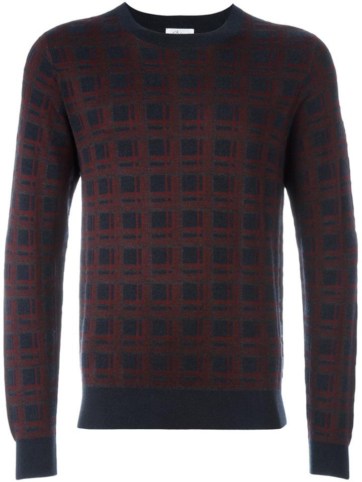 Brioni Checked Intarsia Jumper, Men's, Size: 50, Blue, Silk/cashmere