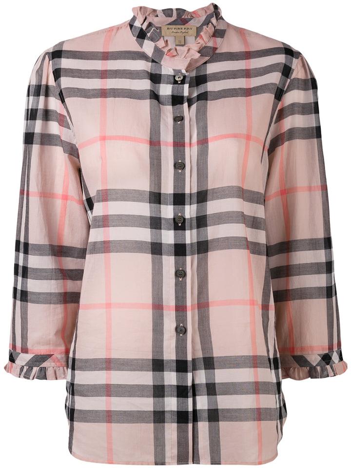 Burberry - Ruffled Detail Checked Shirt - Women - Cotton - 10, Pink/purple, Cotton