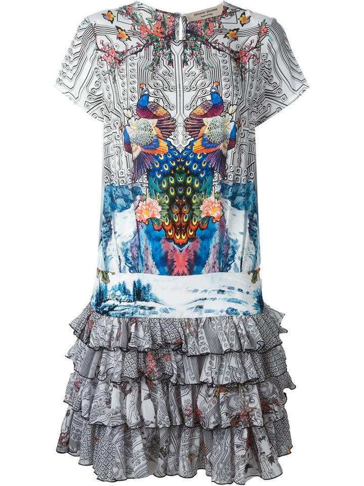 Piccione. Piccione Peacock Print Ruffle Dress