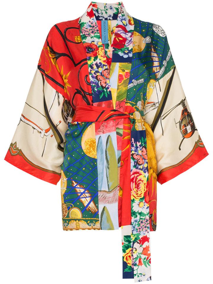 Rianna + Nina Short Multi Floral Planet Print Silk Kimono Robe -