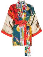 Rianna + Nina Short Multi Floral Planet Print Silk Kimono Robe -
