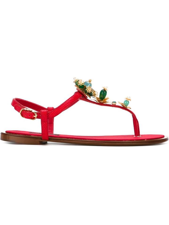 Dolce & Gabbana Embellished Flat Sandals, Women's, Size: 38.5, Red, Calf Leather/brass/leather