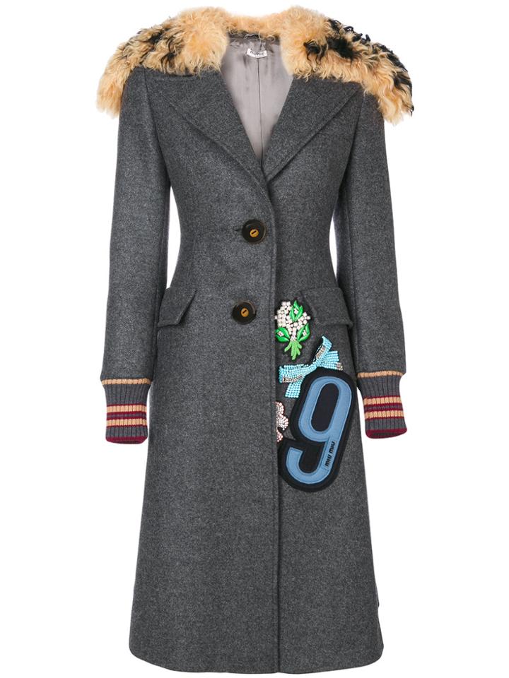 Miu Miu Patch Embellished Shearling Collar Coat - Grey