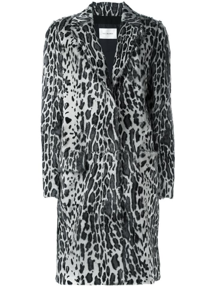 Yves Salomon Leopard Print Fur Coat, Women's, Size: 36, Grey, Silk/goat Fur/polyester