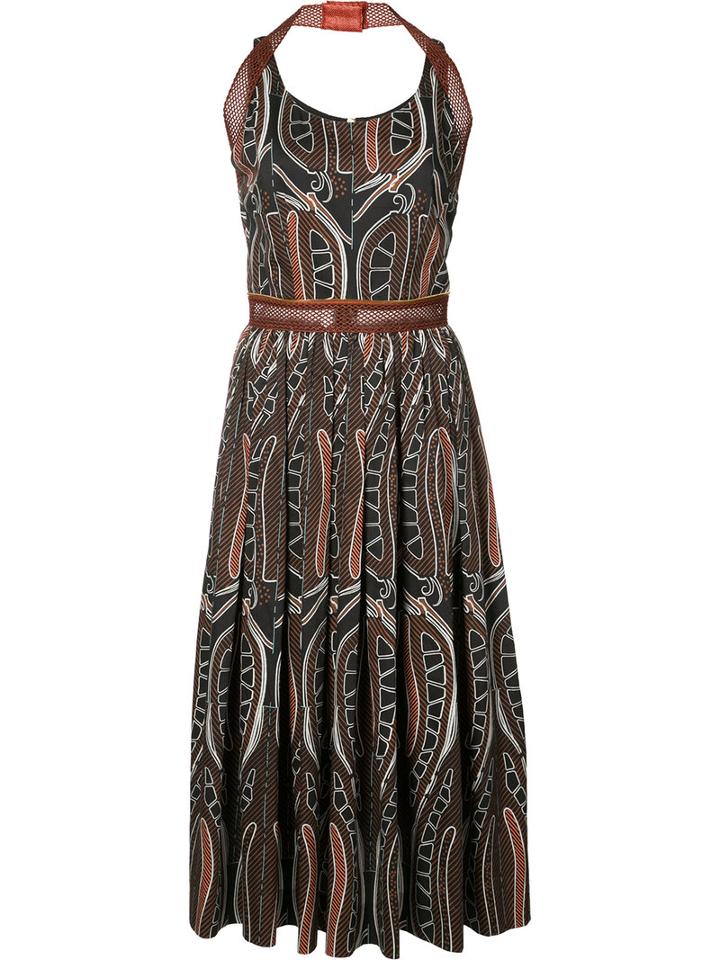 Sophie Theallet Printed Gathered Midi Dress, Women's, Size: 6, Brown, Cotton/polyamide