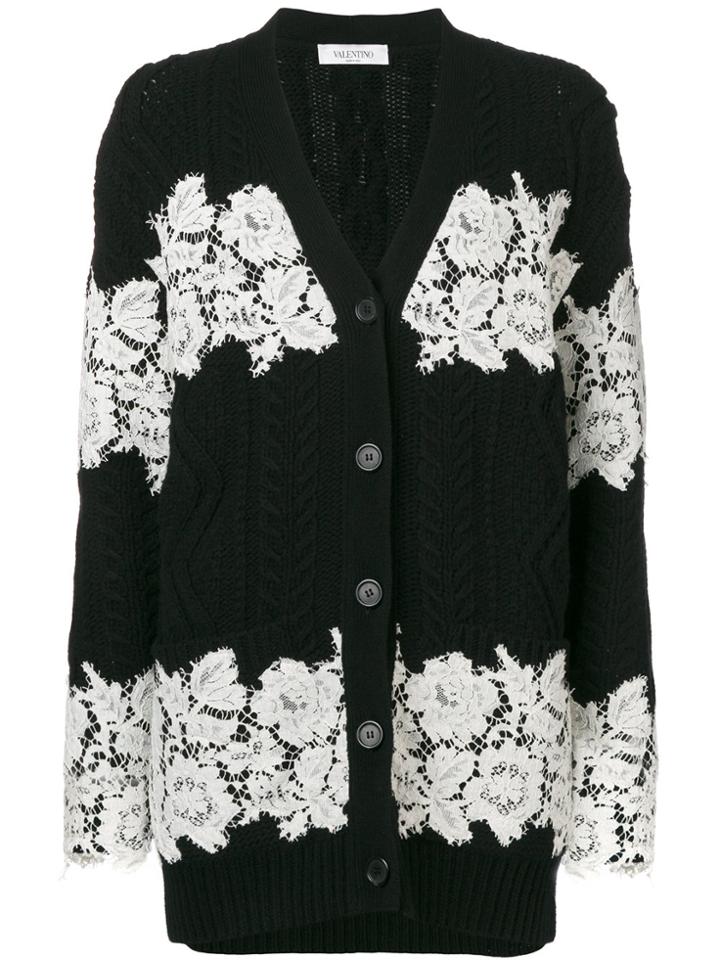 Valentino Longline Lace Stripe Cardigan - Black