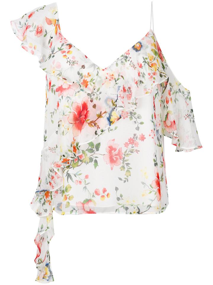 Alice+olivia Asymmetric Ruffled Floral-print Top - White