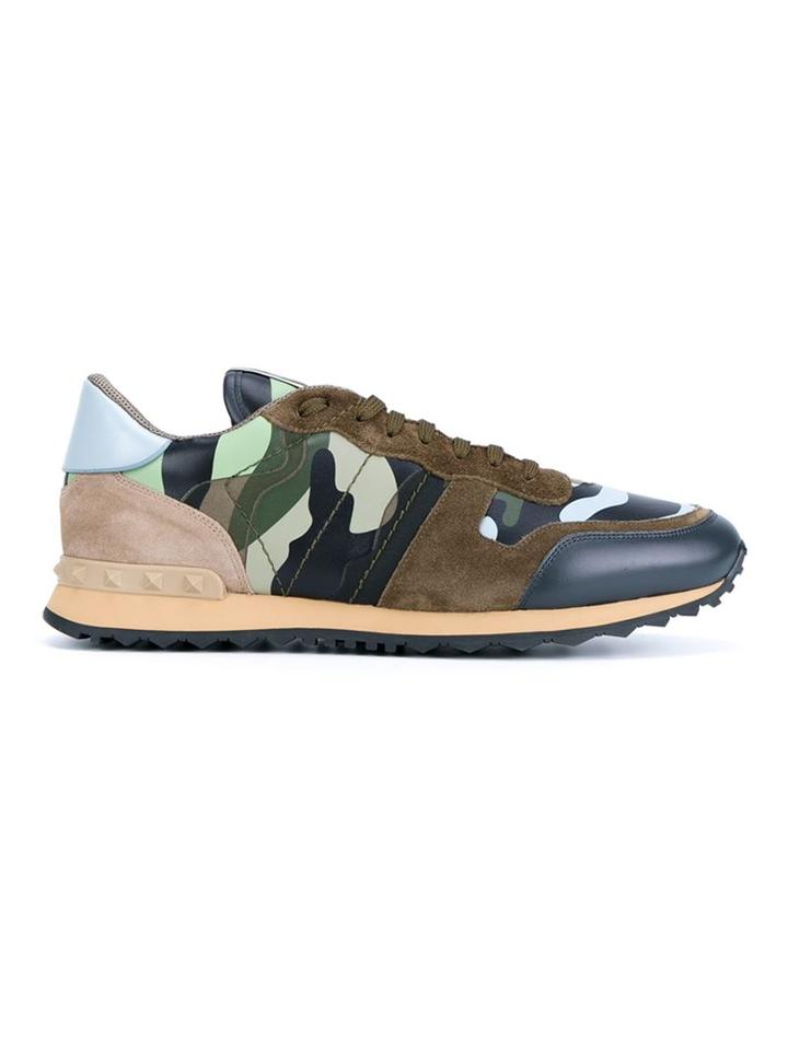 Valentino Garavani Rockrunner Camouflage Sneakers, Men's, Size: 42, Green, Linen/flax/suede/leather/rubber
