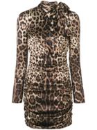 Dolce & Gabbana Pussybow Neckline Leopard Dress - Brown