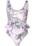 Nos Beachwear Floral Ruffle Hem Swimsuit - Pink & Purple