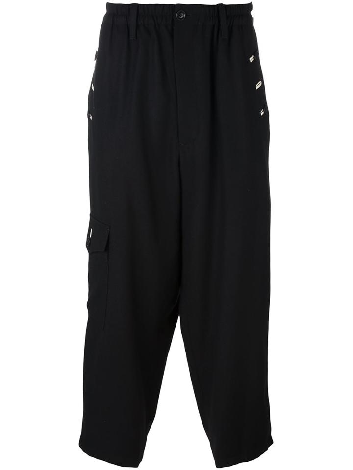Yohji Yamamoto Drop-crotch Cropped Trousers, Men's, Size: 3, Black, Cotton/cupro/wool