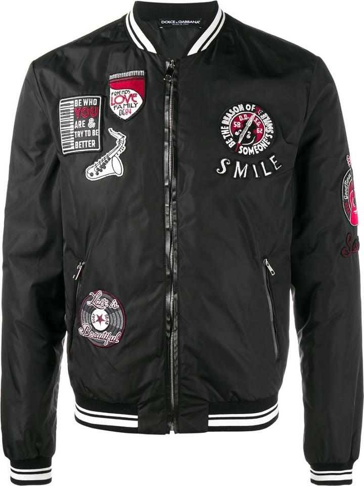 Dolce & Gabbana Patch Embellished Bomber Jacket, Men's, Size: 50, Black, Sheep Skin/shearling/polyamide/polyester