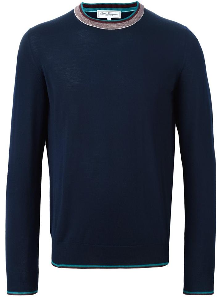 Salvatore Ferragamo Contrast Crew Neck Jumper, Men's, Size: Medium, Blue, Virgin Wool