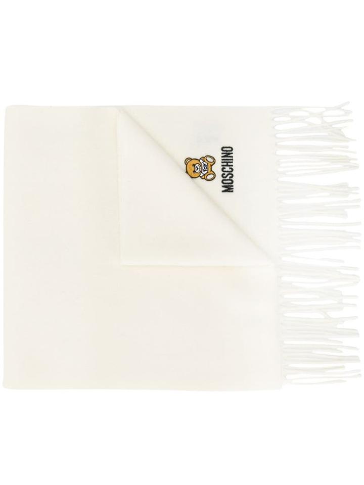Moschino Logo-embroidered Fringed Scarf - White