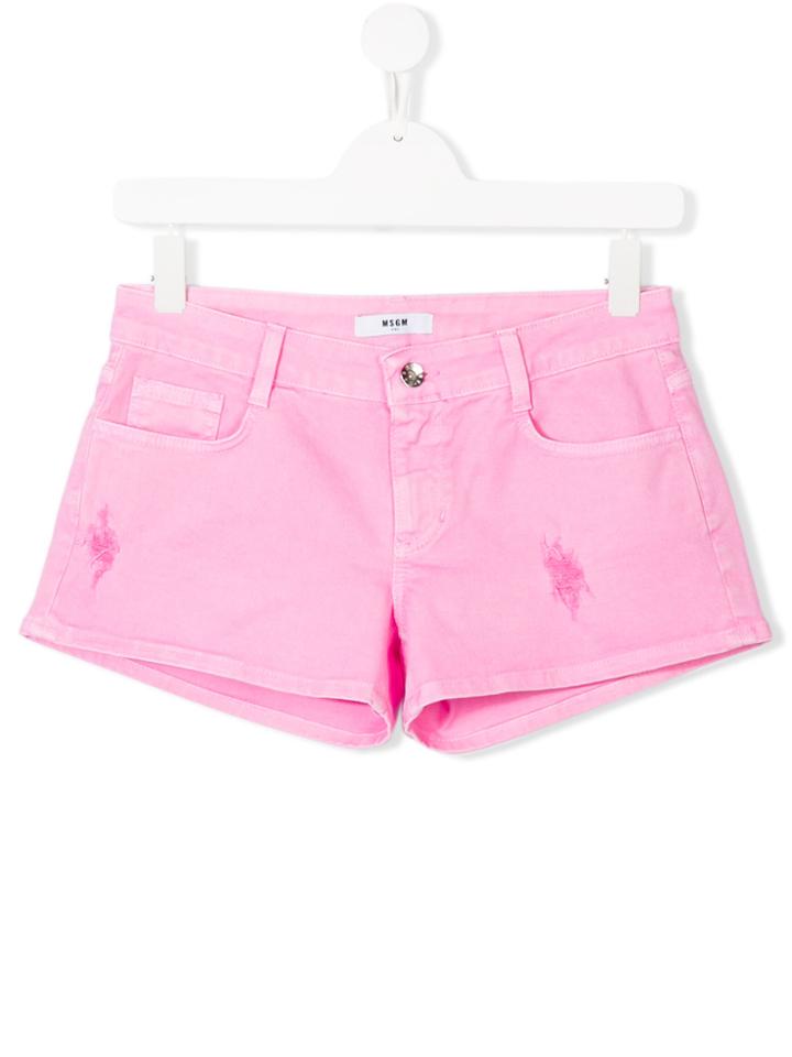 Msgm Kids Distressed Denim Shorts - Pink & Purple