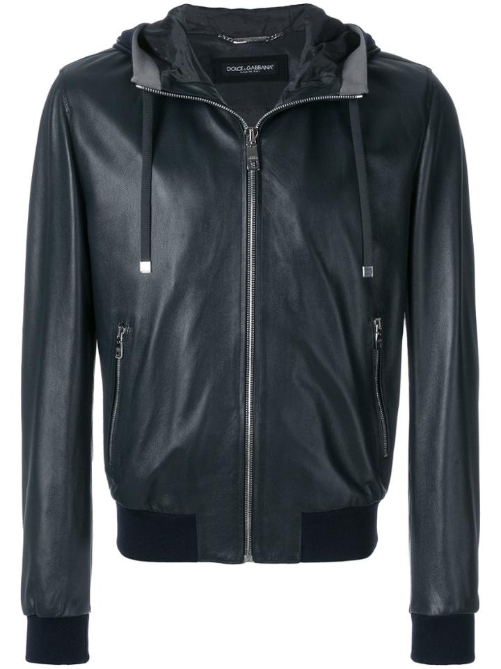 Dolce & Gabbana Hooded Leather Bomber Jacket - Black