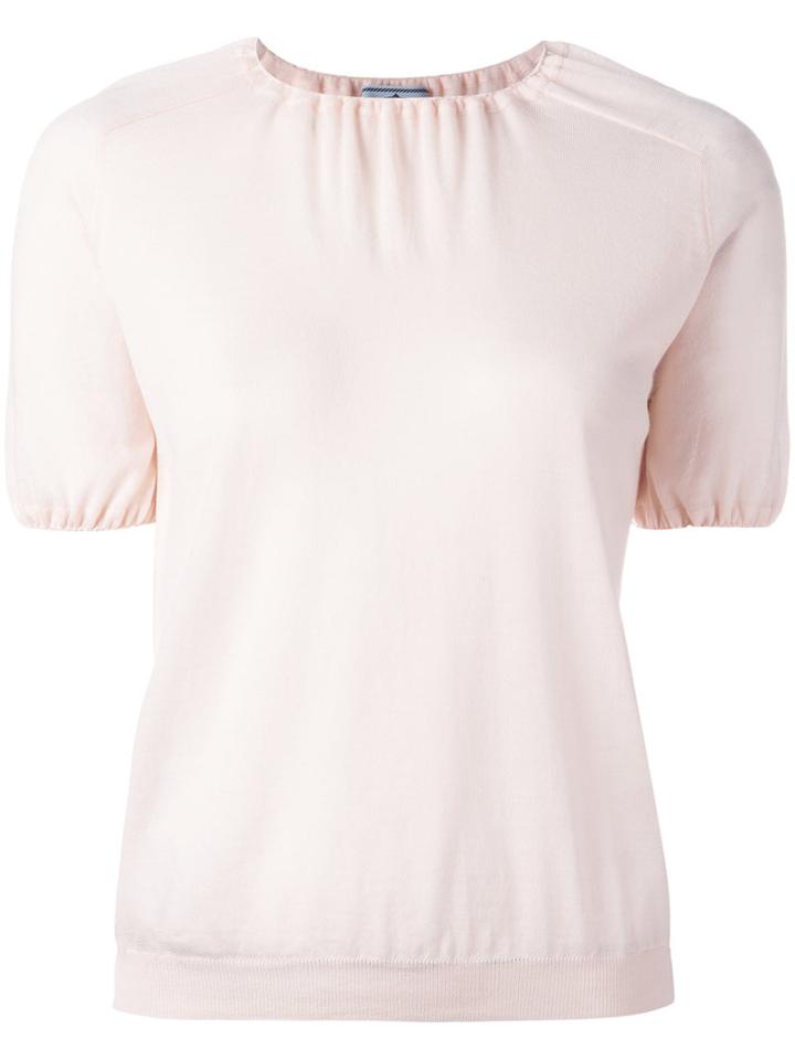 Prada Short Sleeved T-shirt With Ruched Neckline And Sleeves, Women's, Size: 42, Pink/purple, Virgin Wool