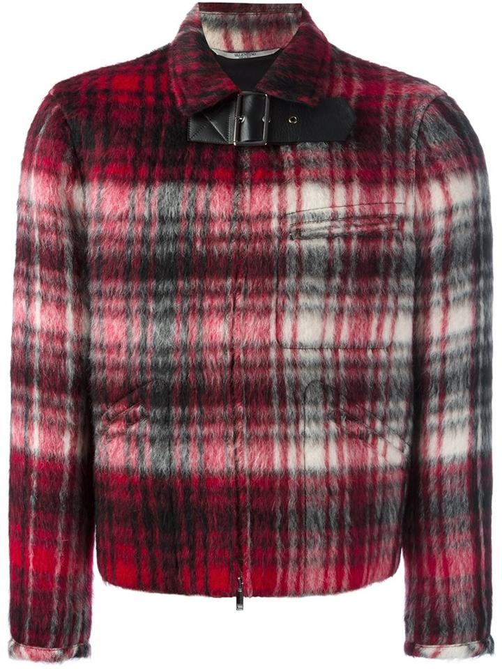 Valentino Buckled Check Bomber Jacket, Men's, Size: 48, Red, Cotton/calf Leather/polyamide/other Fibers
