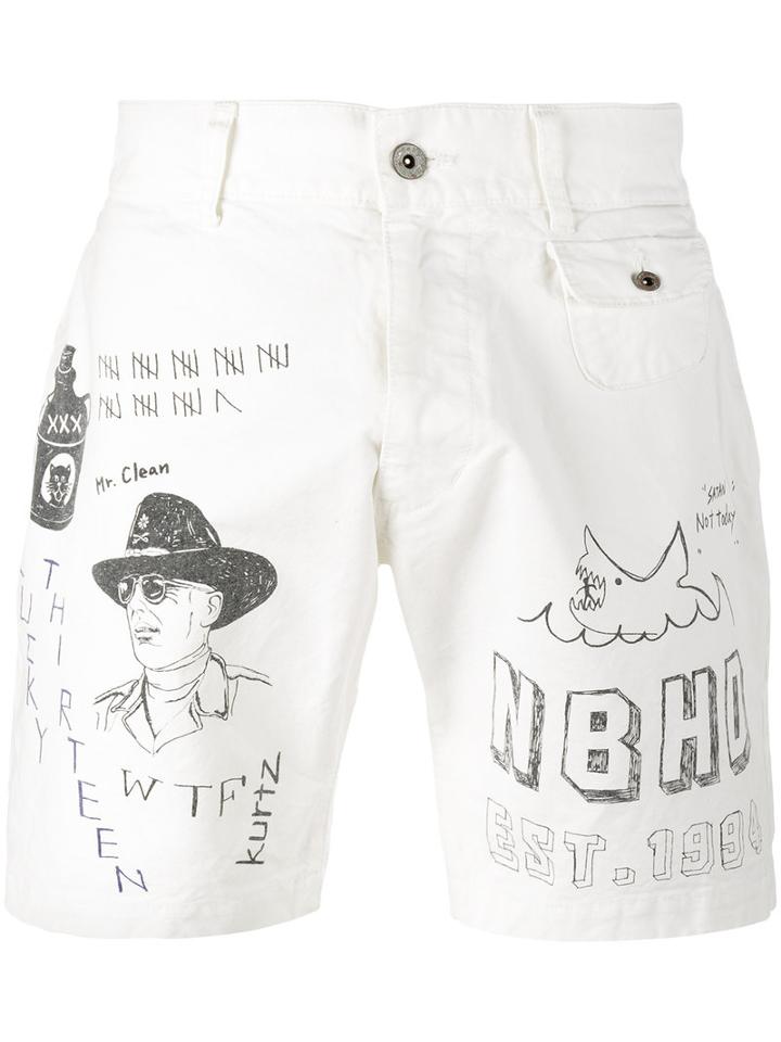 Neighborhood Sketch Print Shorts, Men's, Size: Medium, White, Cotton