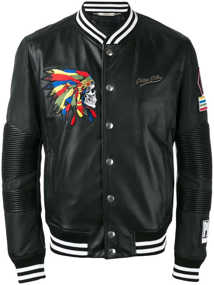 Philipp Plein Bomber Jacket, Men's, Size: Large, Black, Lamb Skin/nylon/viscose