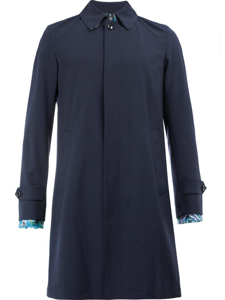 Herno Contrast Cuff Mid-length Coat, Men's, Size: 50, Blue, Silk/spandex/elastane/wool