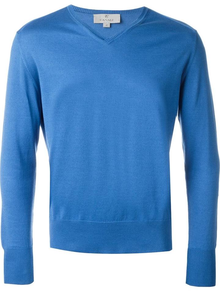 Canali V-neck Jumper, Men's, Size: 54, Blue, Cotton