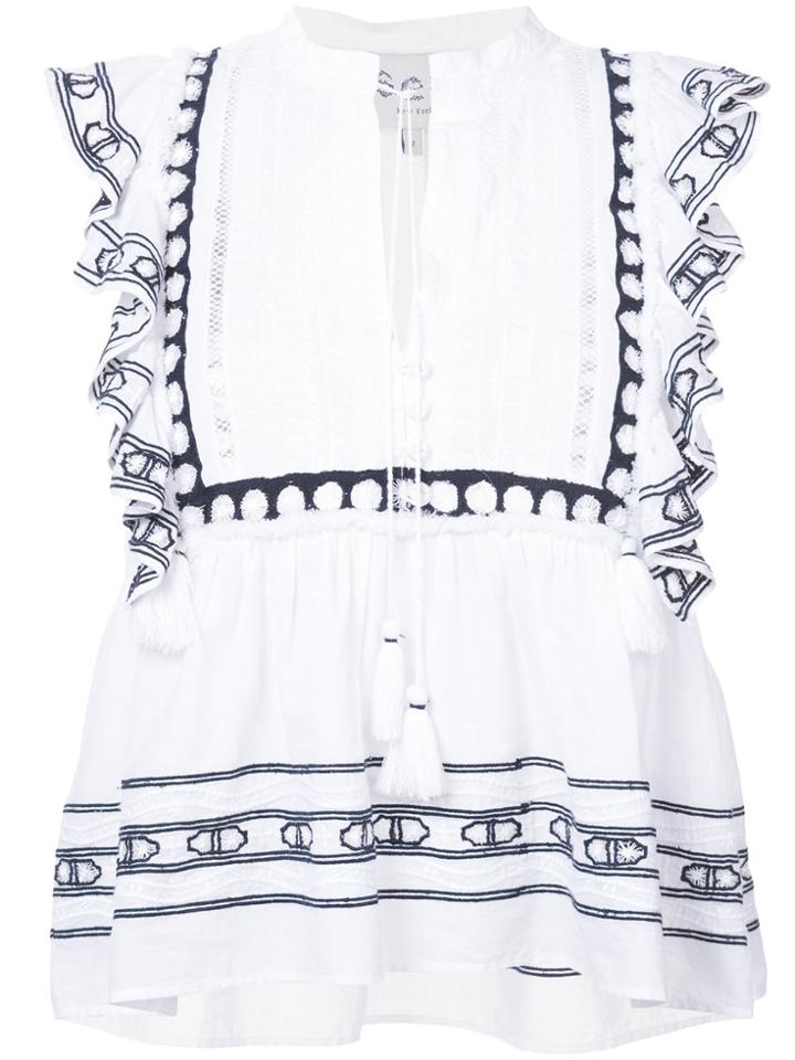 Sea Tassel String Frilled Blouse - White