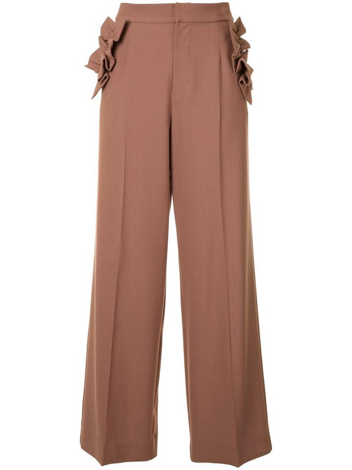 Muveil Ruffled Detailing Flared Trousers, Women's, Size: 38, Brown, Polyester/rayon/wool/polyurethane
