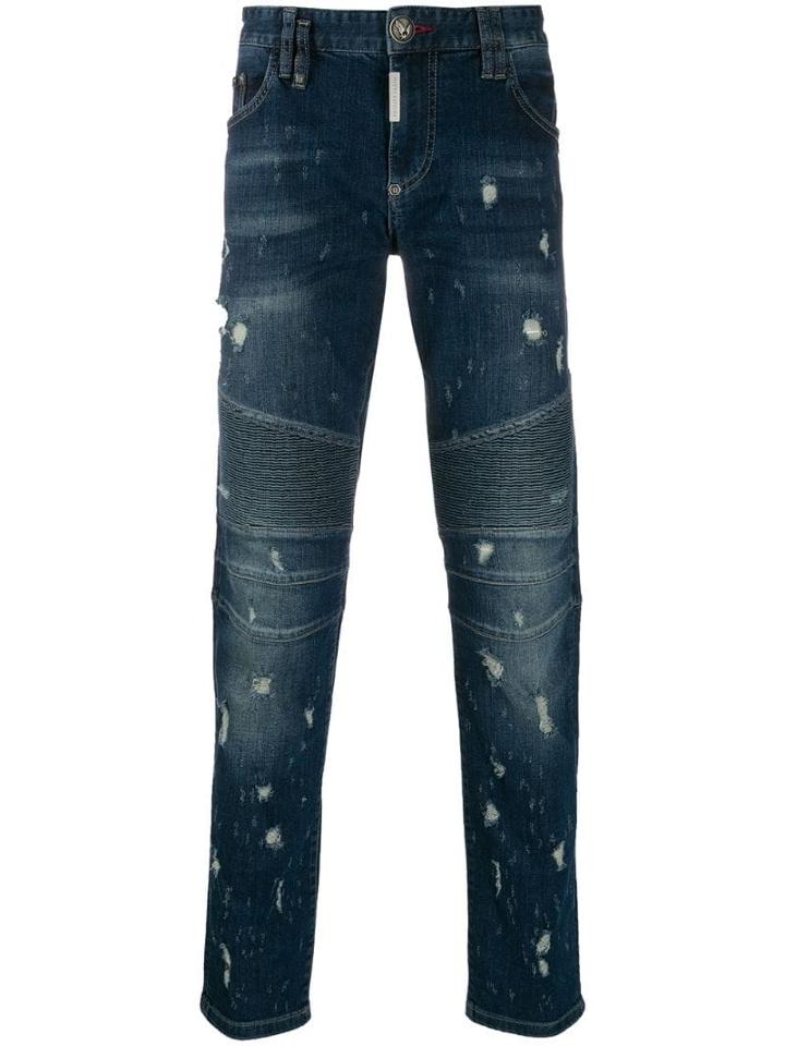 Philipp Plein Biker Destroyed Jeans - Blue