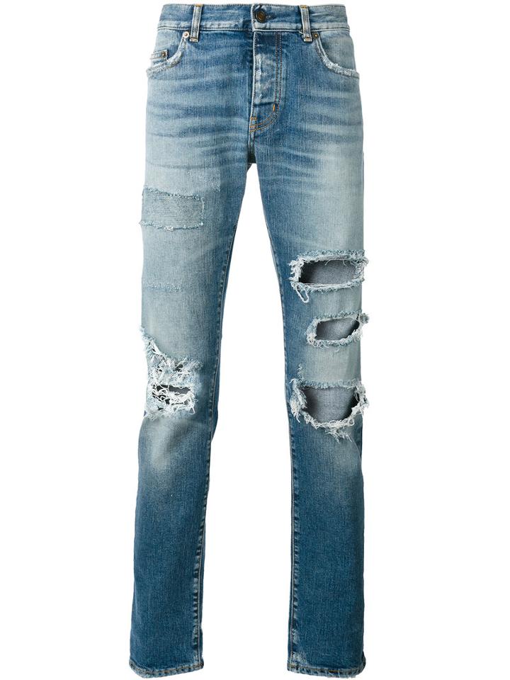 Saint Laurent Distressed High-waist Jeans, Men's, Size: 31, Blue, Cotton/spandex/elastane