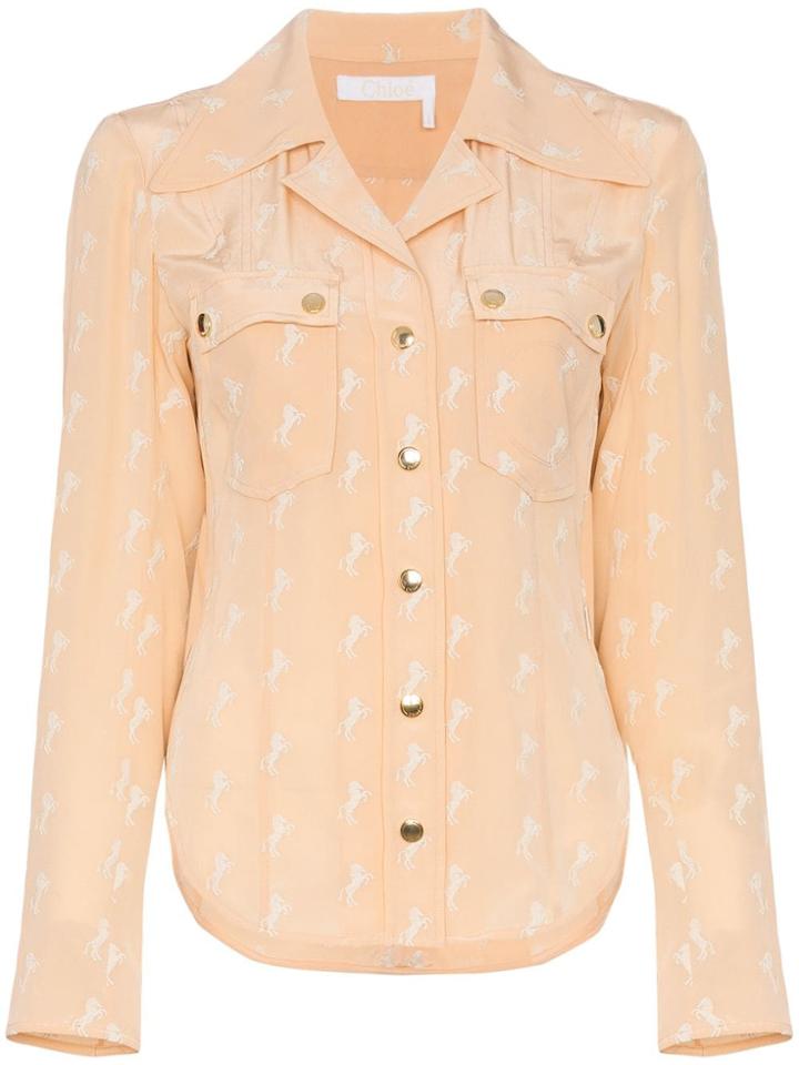 Chloé Horse Printed Double Pocket Silk Shirt - Pink & Purple