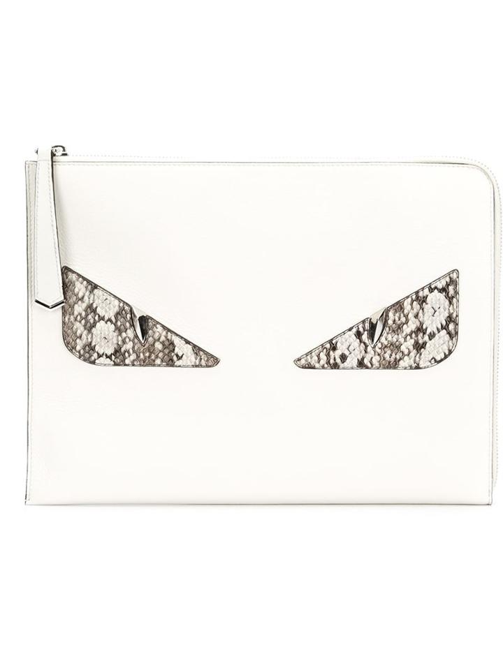 Fendi Bag Bugs Clutch, Women's, White, Calf Leather/snake Skin