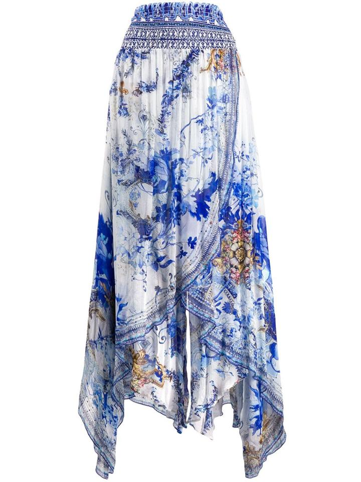 Camilla Printed Asymmetric Palazzo Trousers - White