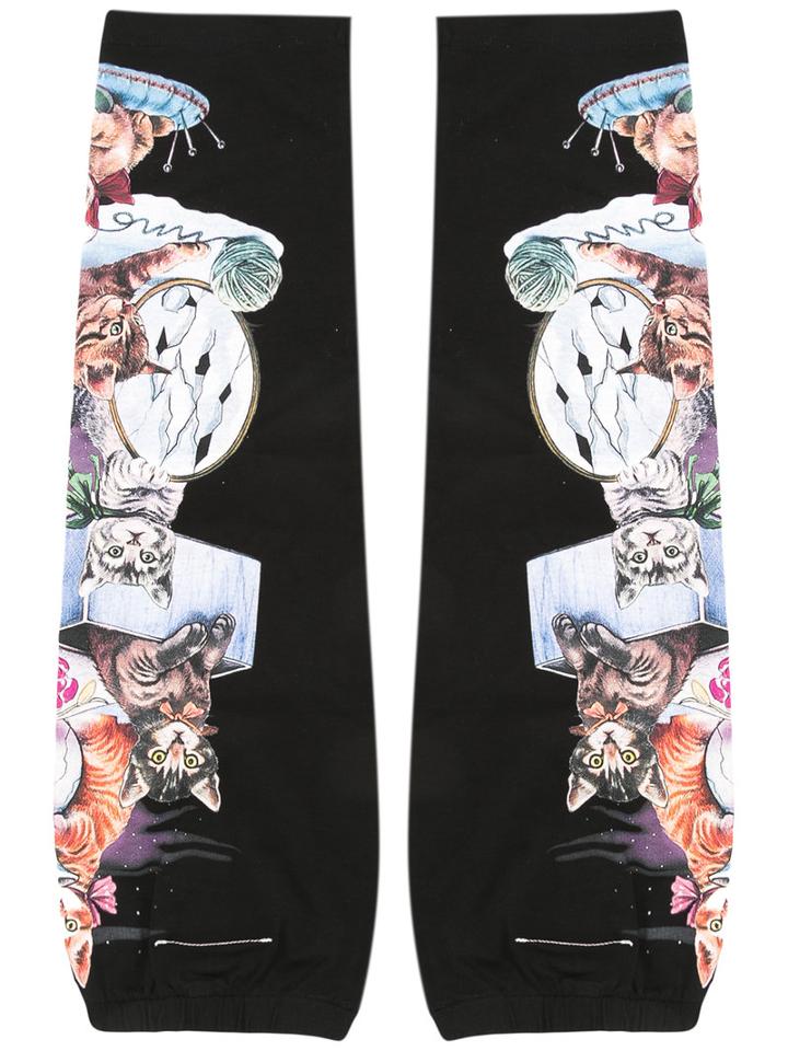 Mm6 Maison Margiela - Cat Print Fingerless Gloves - Women - Cotton - One Size, Black, Cotton