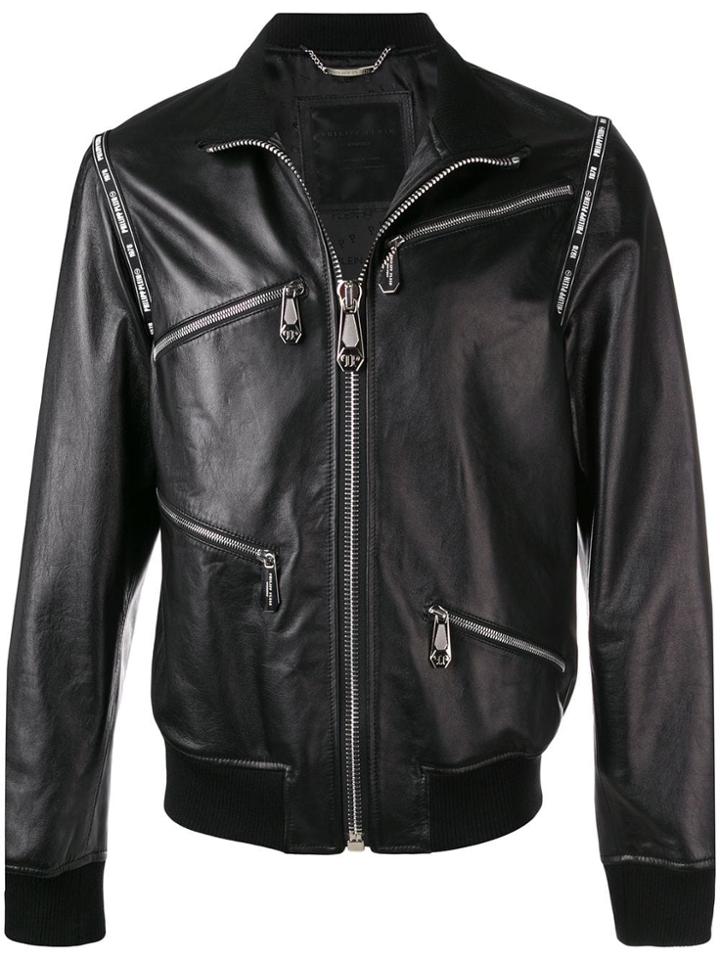 Philipp Plein Classic Leather Bomber Jacket - Black