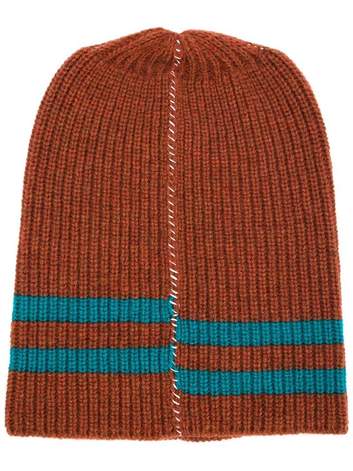 Raf Simons Striped Detail Ribbed Beanie, Adult Unisex, Size: Medium, Yellow/orange, Virgin Wool