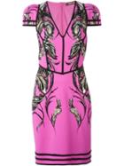 Roberto Cavalli Feather Print Fitted Dress, Women's, Size: 46, Pink/purple, Spandex/elastane/viscose