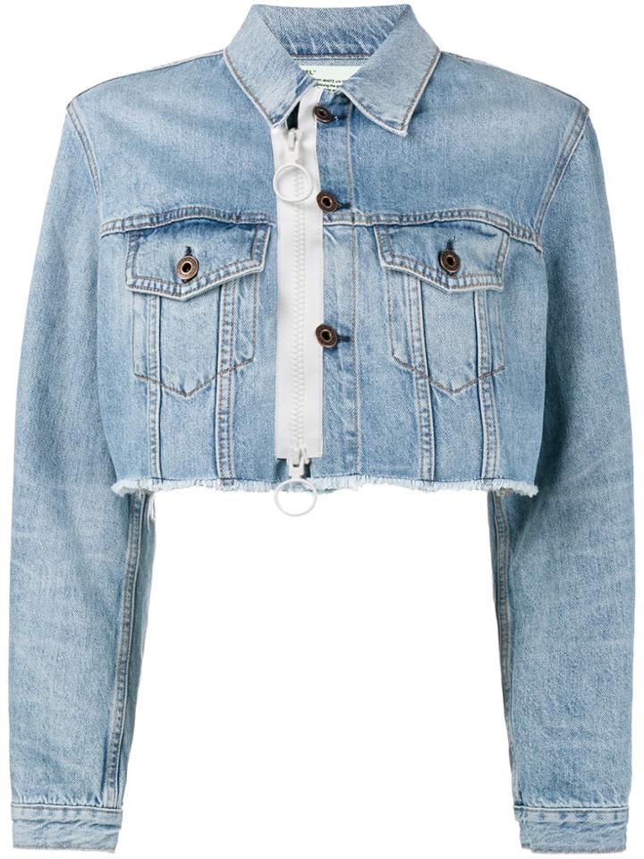 Off-white Cropped Zip Denim Jacket - Blue