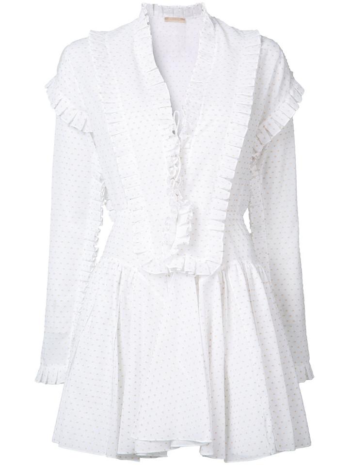Alaïa Frill Trim Polka Dot Dress, Women's, Size: 42, White, Cotton